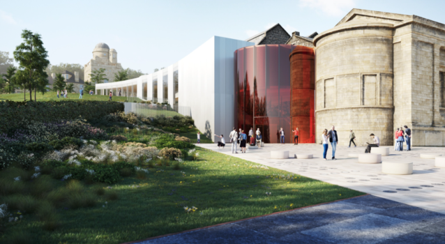 A design shows the exterior of the Paisley Museum with a red glass extension